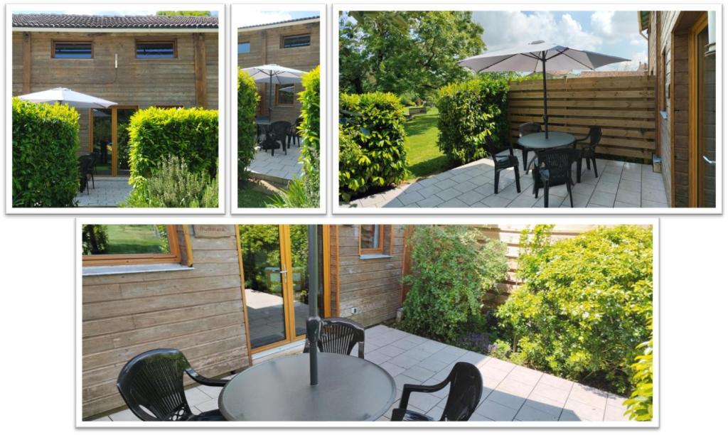 un collage de quatre photos d'un patio avec tables et chaises dans l'établissement Buddleia, à Cherbonnières