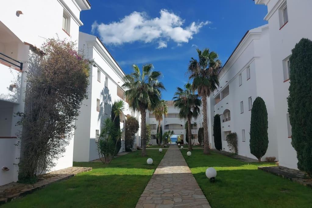 ein Innenhof eines Gebäudes mit Palmen in der Unterkunft Location de vacances Bord'O in San-Nicolao