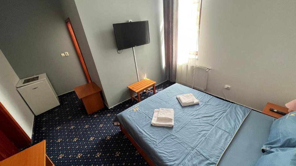 a small room with a bed and a tv at Vila Themis in Călimăneşti