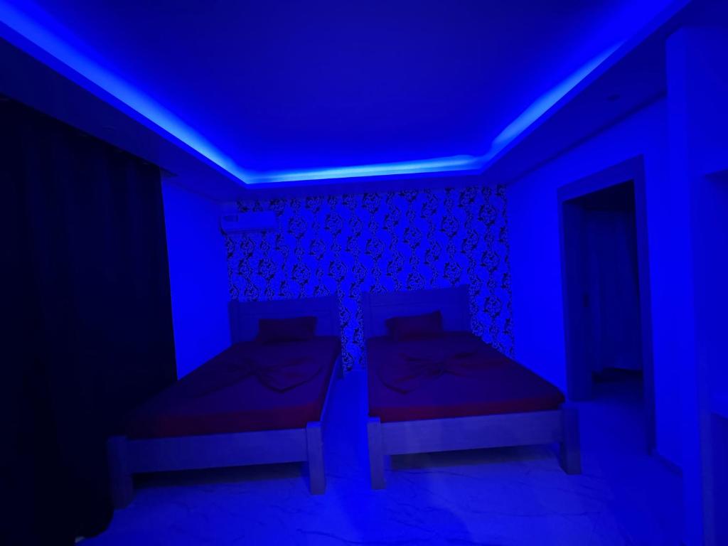 a blue room with two beds and a blue ceiling at Pereira Lounge Bar in Praia