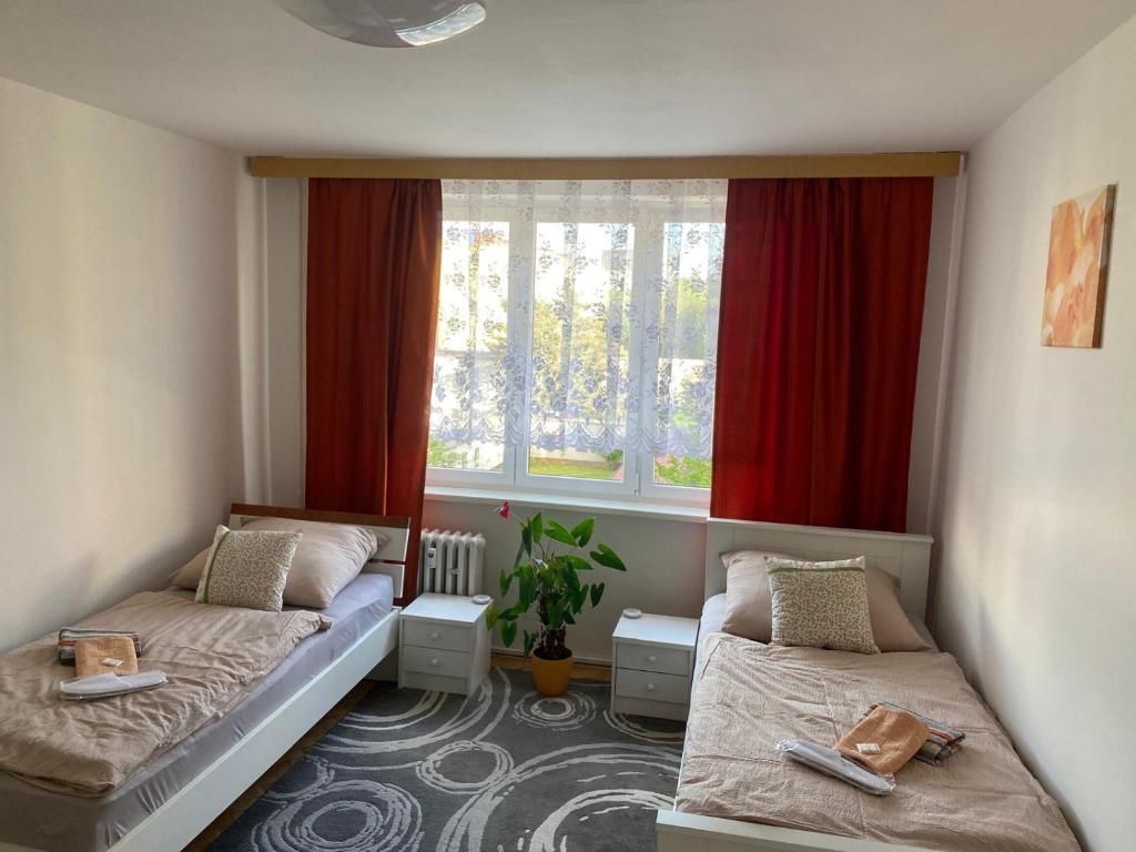 um quarto com duas camas e uma janela em Apartmán BERLIN em Chodov