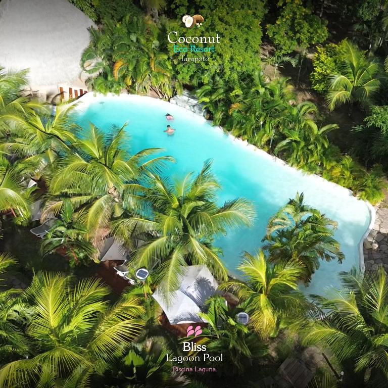 einen Luftblick auf einen Pool mit Palmen des Resorts in der Unterkunft COCONUT TARAPOTO - ECO RESORT in Tarapoto