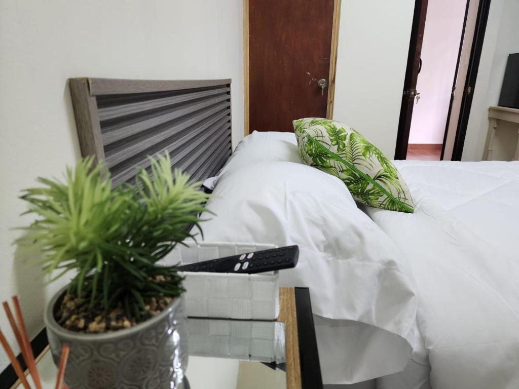 un lit avec des draps blancs et deux plantes en pot dans l'établissement Gywel, à San Salvador