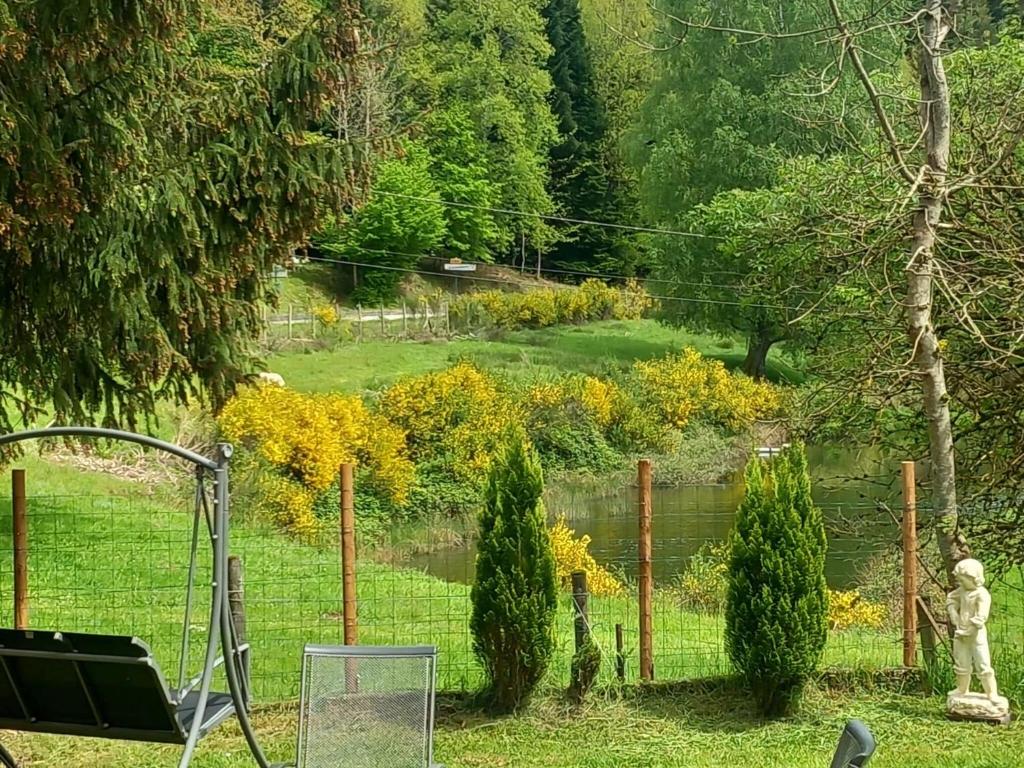a fence in front of a garden with a pond at Holiday home in Saint Quirin with garden in Saint-Quirin