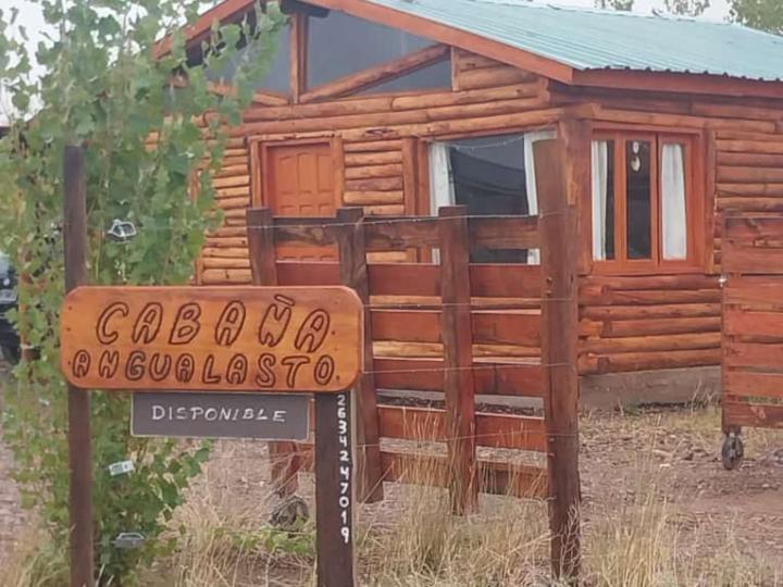 una cabaña de madera con un cartel delante en Cabañas Angualasto en Uspallata