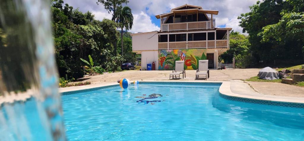 eine Person in einem Pool mit einem Ball im Wasser in der Unterkunft Casa Grande Vacation Home and Events Venue in Rio Grande