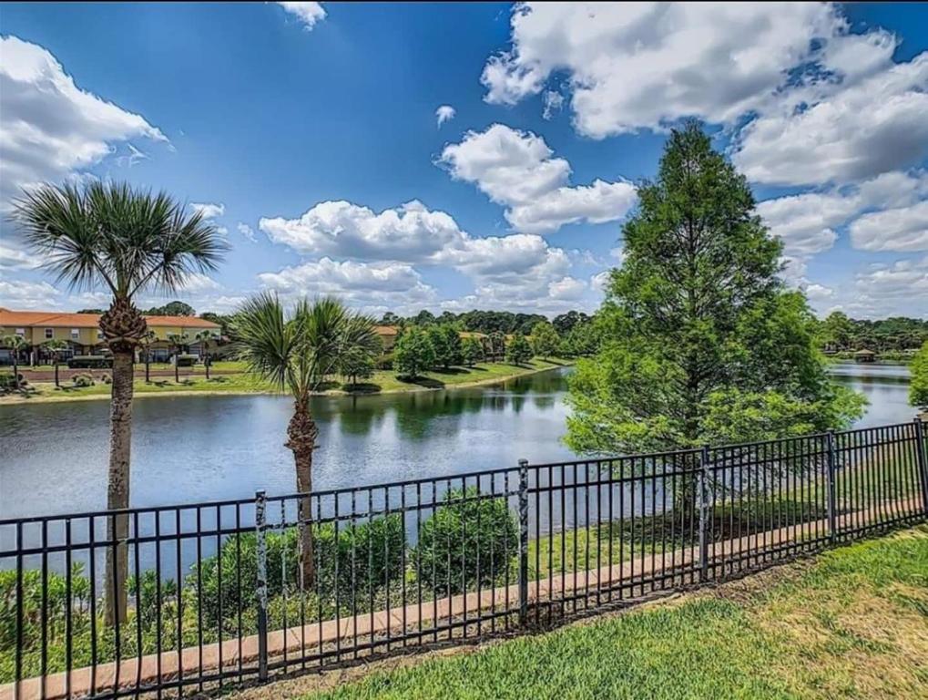 基西米Island Abode -near Disney的有棕榈树和栅栏的河流