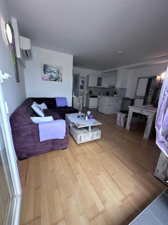ein Wohnzimmer mit einem Sofa und einem Tisch in der Unterkunft Sunny Apartments Podersdorf am See in Podersdorf am See