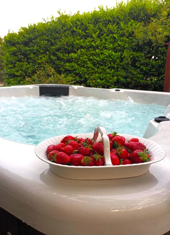 a bowl of strawberries with a swan in a pool at Jane's Garden in Matulji