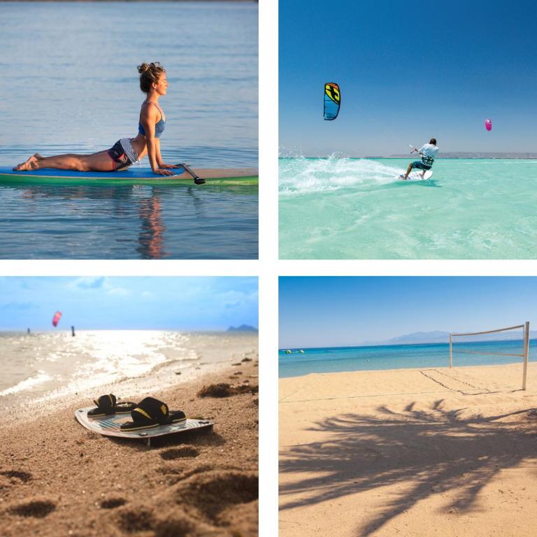 quatro fotos de uma mulher numa prancha de surf na praia em Charming Apartment with Pool in prime location em Hurghada