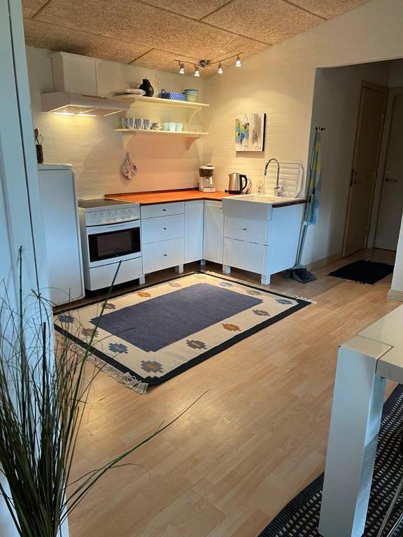 Il comprend une cuisine avec des appareils électroménagers blancs et du parquet. dans l'établissement Skøn lejlighed til 4 personer, à Ansager