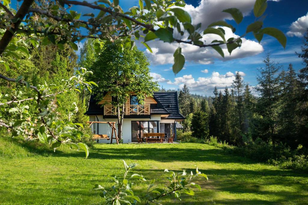 ein Haus mit einem schwarzen Dach auf einem grünen Feld in der Unterkunft Jankówki - Dom w górach in Nowy Targ