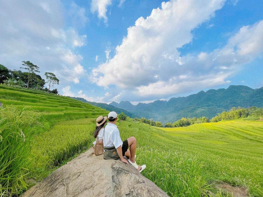 un hombre y una mujer sentados en una roca en un campo en Pu Luong Eco Garden en Pu Luong
