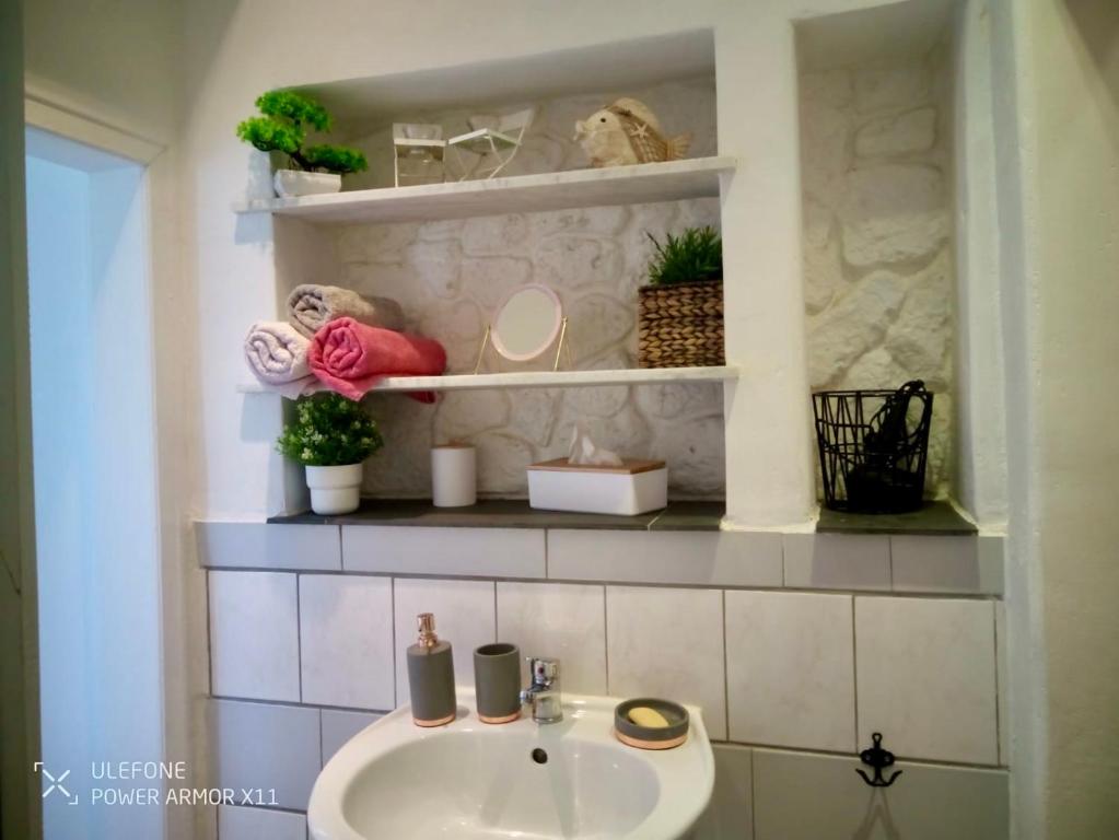 a bathroom with a sink and shelves with plants at Gemütliche 1 Zimmer Ferienwohnung in Ludwigsburg
