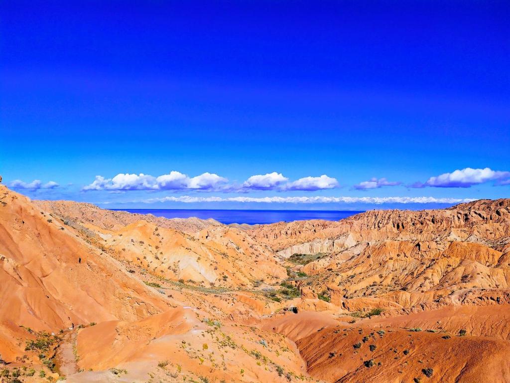 a view of the desert with the ocean in the background at Guest House on Derbisheva in Karakol