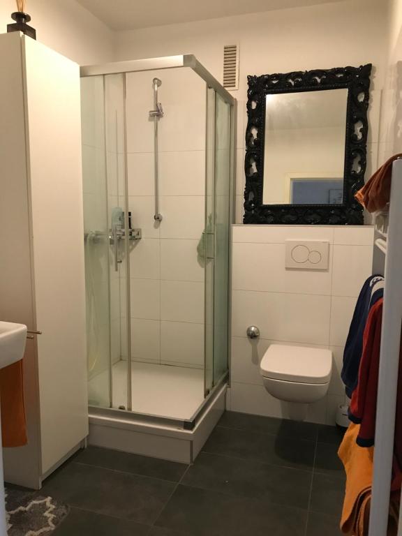 ein Bad mit einer Dusche, einem WC und einem Spiegel in der Unterkunft FanHostel European Championship 24 Cologne City Center in Köln