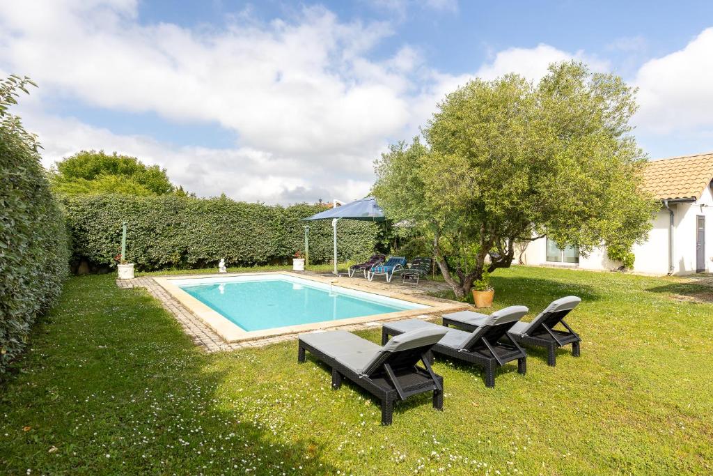 a backyard with a pool with chairs and an umbrella at Villa Julien in Saint-Julien-en-Born