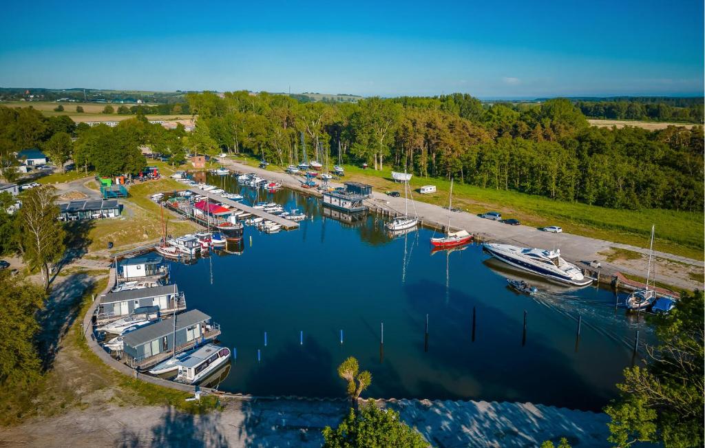 an aerial view of a marina with boats in the water at Apartments Boddenblick in Sagard