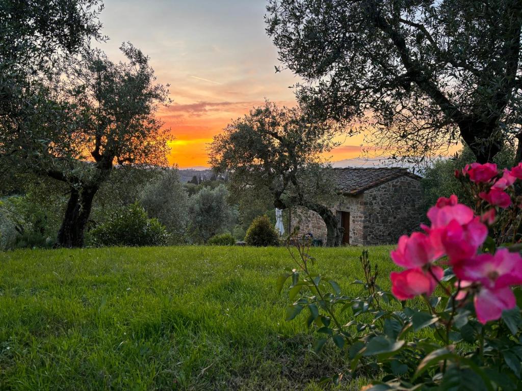 einen Sonnenuntergang über einem Feld mit einem Steinhaus und rosa Blumen in der Unterkunft Il Fienile in Tavarnuzze