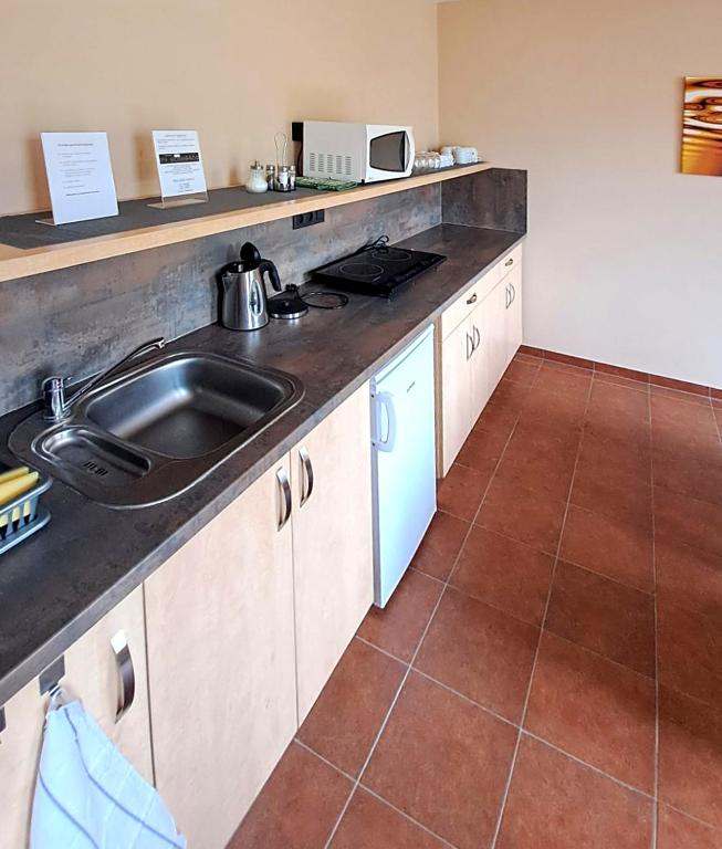 a kitchen with a sink and a counter top at Hotel Toč in Lipova Lazne