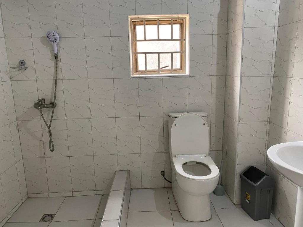 a bathroom with a toilet and a sink at Estepona Playa Hostel in Accra
