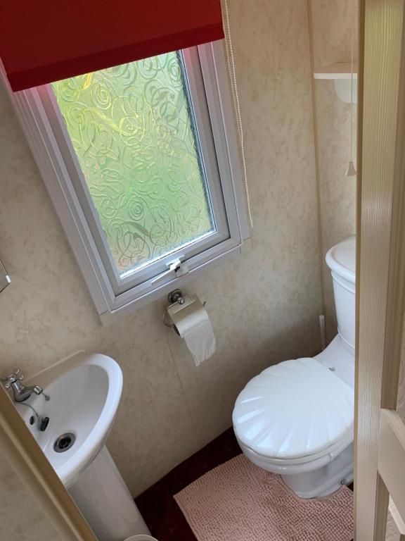 a bathroom with a toilet and a sink and a window at Caravan 131 in Norwich