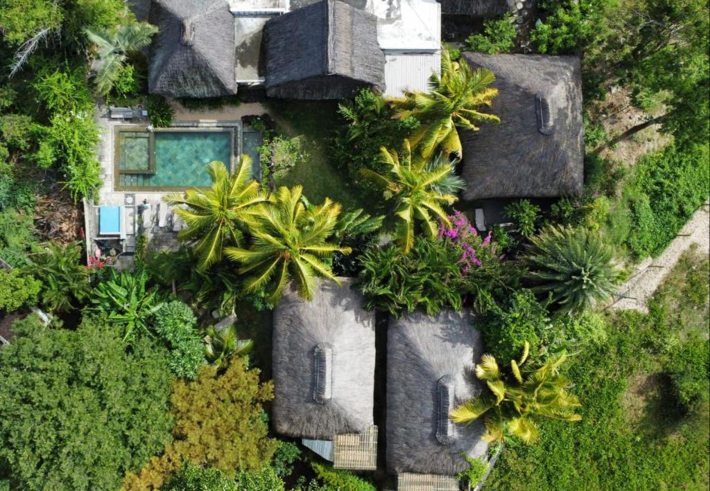 une vue sur une maison avec des arbres et des plantes dans l'établissement Brahmanhut - Eco Hut experience in harmony with nature, wellbeing and spirit, à Bain Boeuf