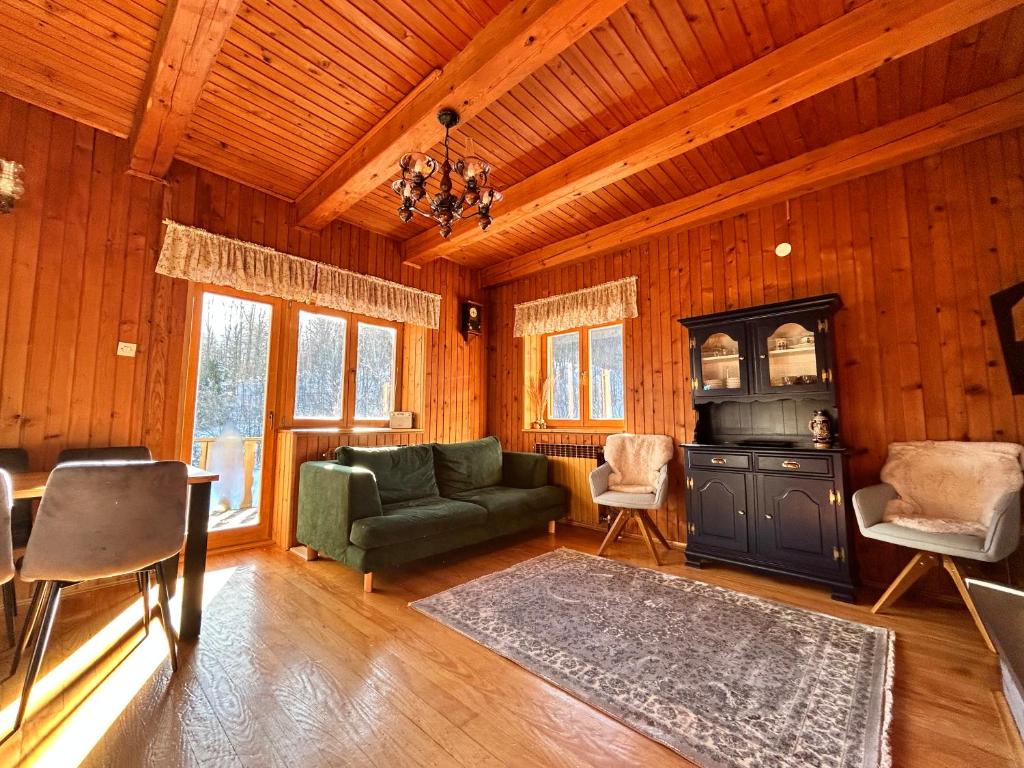 a living room with a green couch and a stove at Vacation house Polane in Delnice