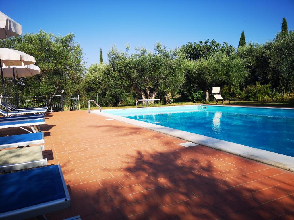 a swimming pool in a yard with chairs and an umbrella at Poggio del Sole in Castiglione del Lago