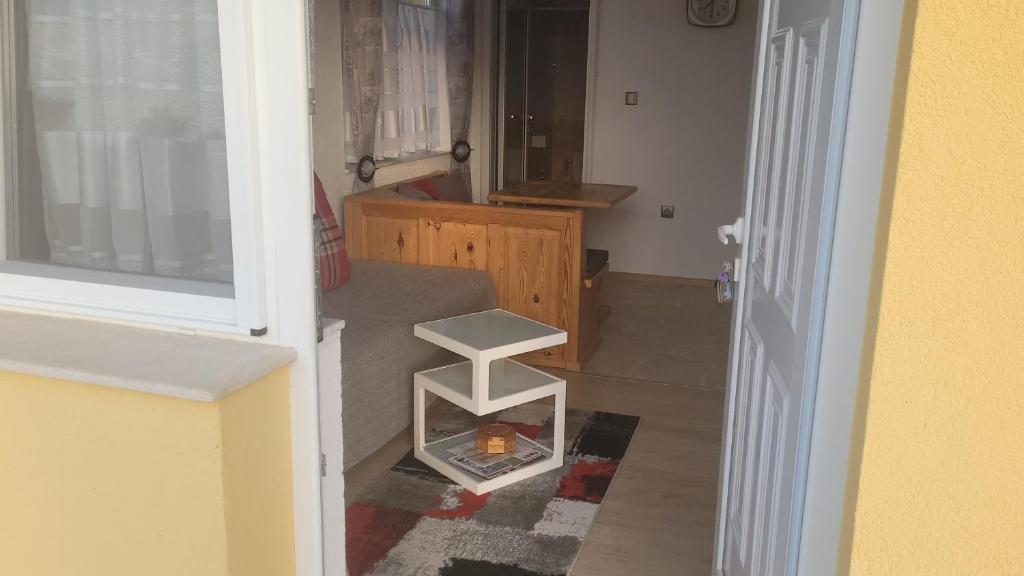 pokój z kominkiem na środku pokoju w obiekcie Strumyani tiny flat w mieście Sandanski