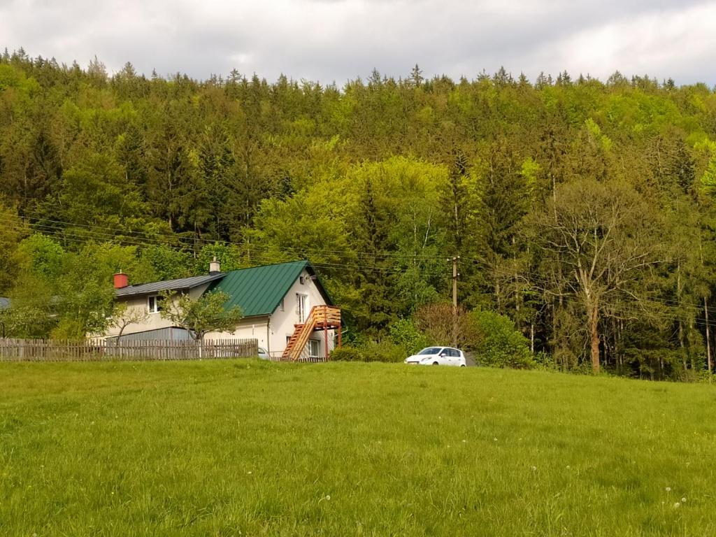 una casa blanca con techo verde en un campo en Apartmán u lesa, en Jívka