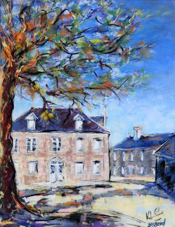 une peinture d'un bâtiment et d'un arbre dans l'établissement La Vieille Auberge, à Peyrelevade