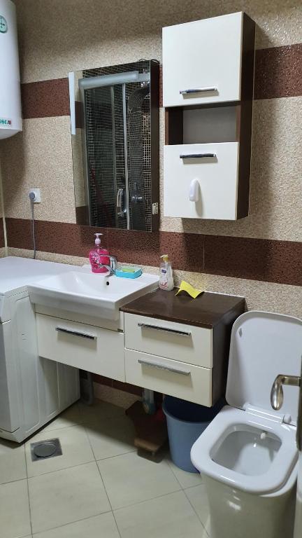 a bathroom with a sink and a toilet and a mirror at Mbretersha Teuta in Mitrovicë