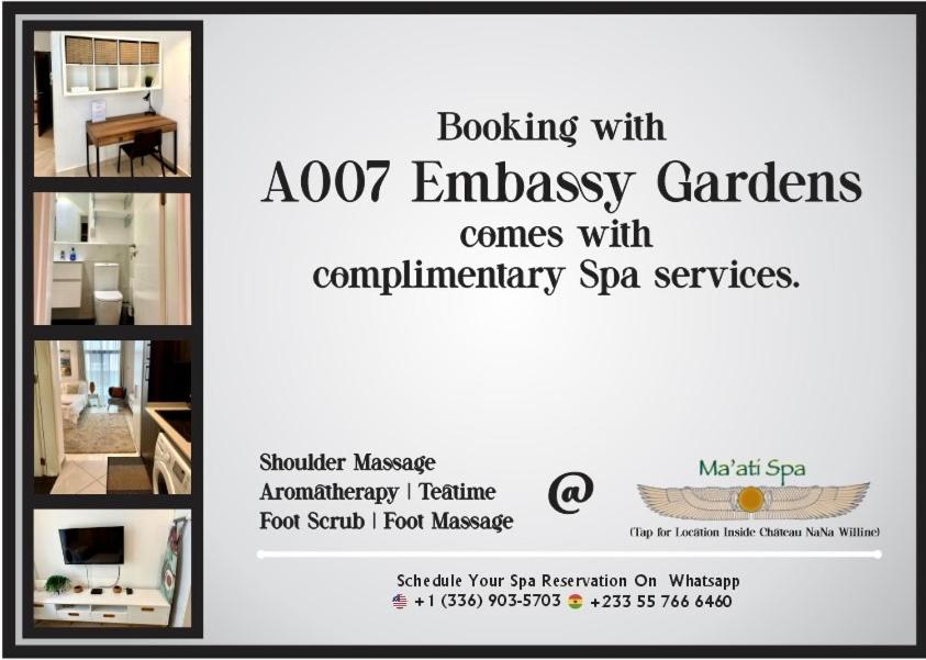 a flyer for emergency gardens comes with complimentary spa services at A007 Embassy Gardens Studio Apartm in Accra