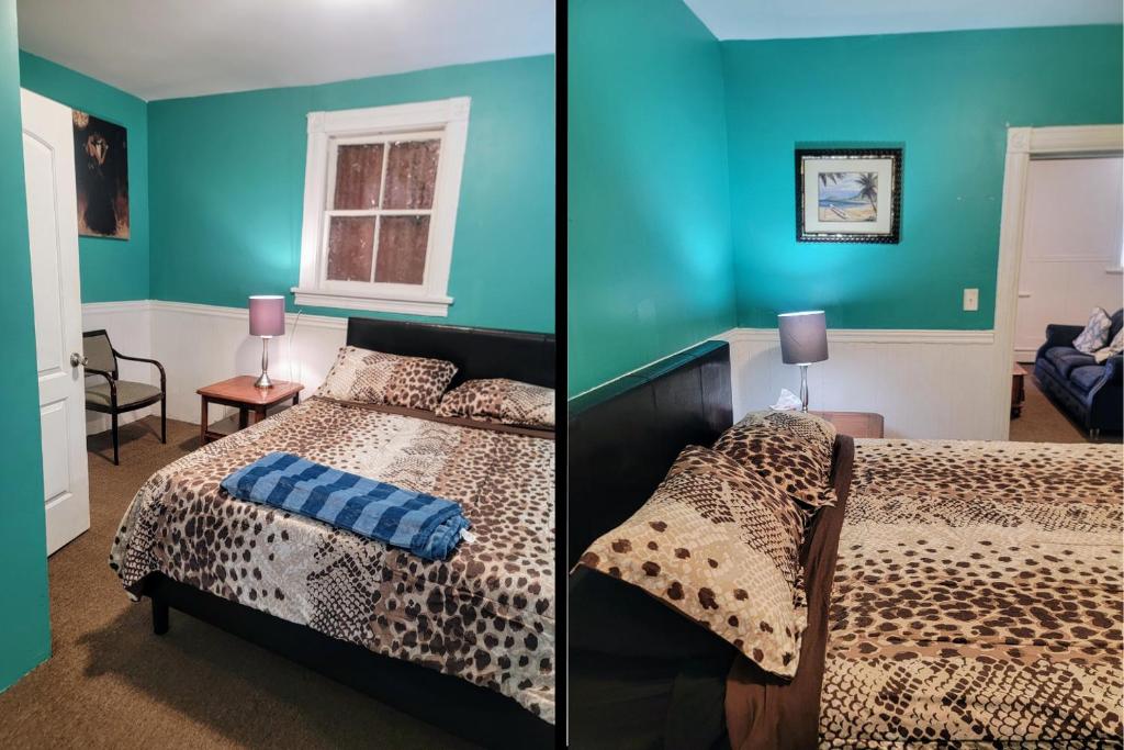 two pictures of a bedroom with a bed and a room at Yonkers Luxury Studio in Yonkers