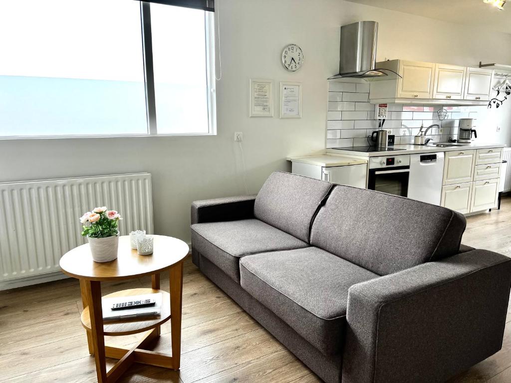 uma sala de estar com um sofá e uma mesa em Lónið Apartments em Höfn