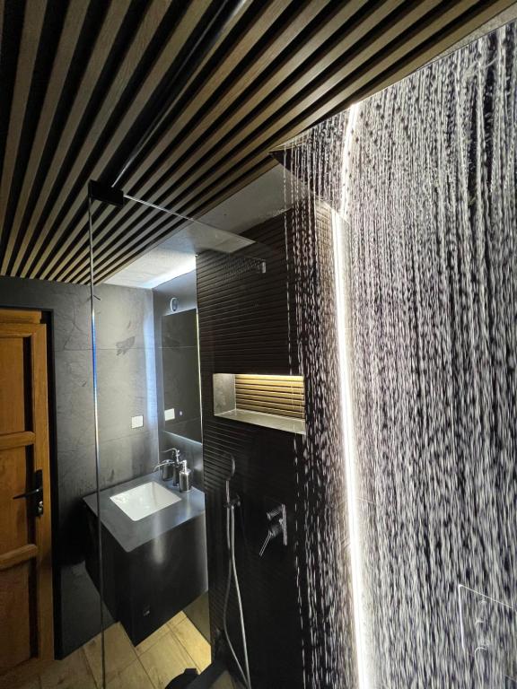 y baño con cortina de ducha y lavamanos. en Chalet Hilltop Kodra e Diellit Popovo Sapka en Tetovo