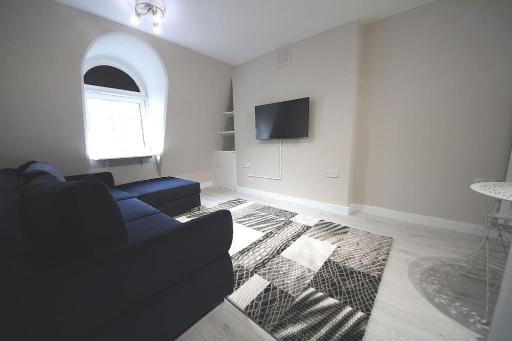 Hotel Cosy studio Victoria, a living room with a blue couch and a tv at Cosy studio Victoria in London