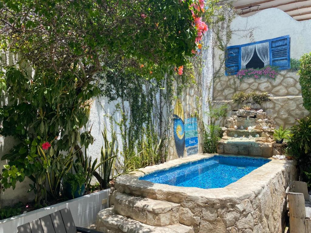 uma piscina no meio de um jardim em Caribo Cozumel em Cozumel