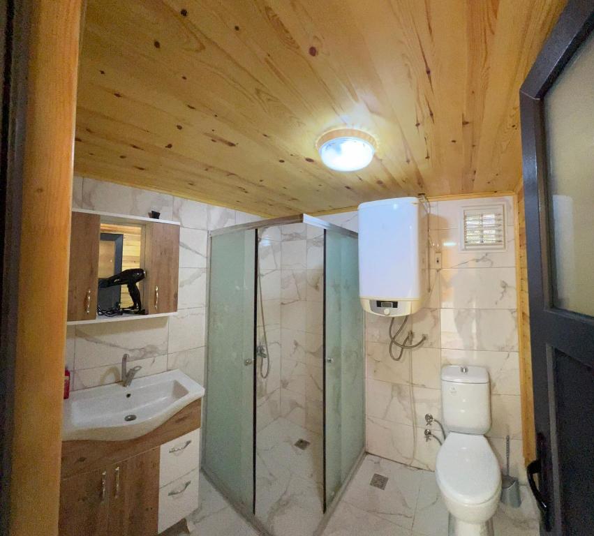a bathroom with a toilet and a shower and a sink at Five Stars Apart in Trabzon