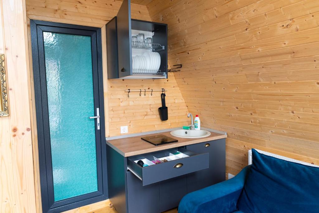 ein Badezimmer mit einem Waschbecken in einem winzigen Haus in der Unterkunft CarpatinA Rustic House in Runcu