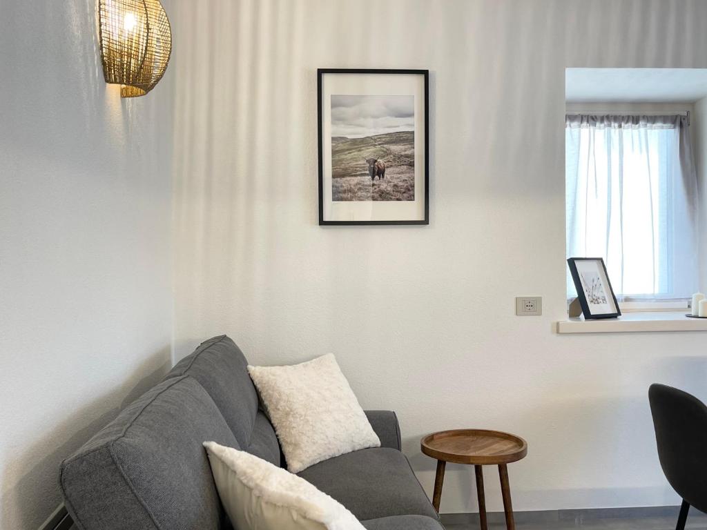 a living room with a couch and a picture on the wall at Casa di Maggie 2 in Carisolo