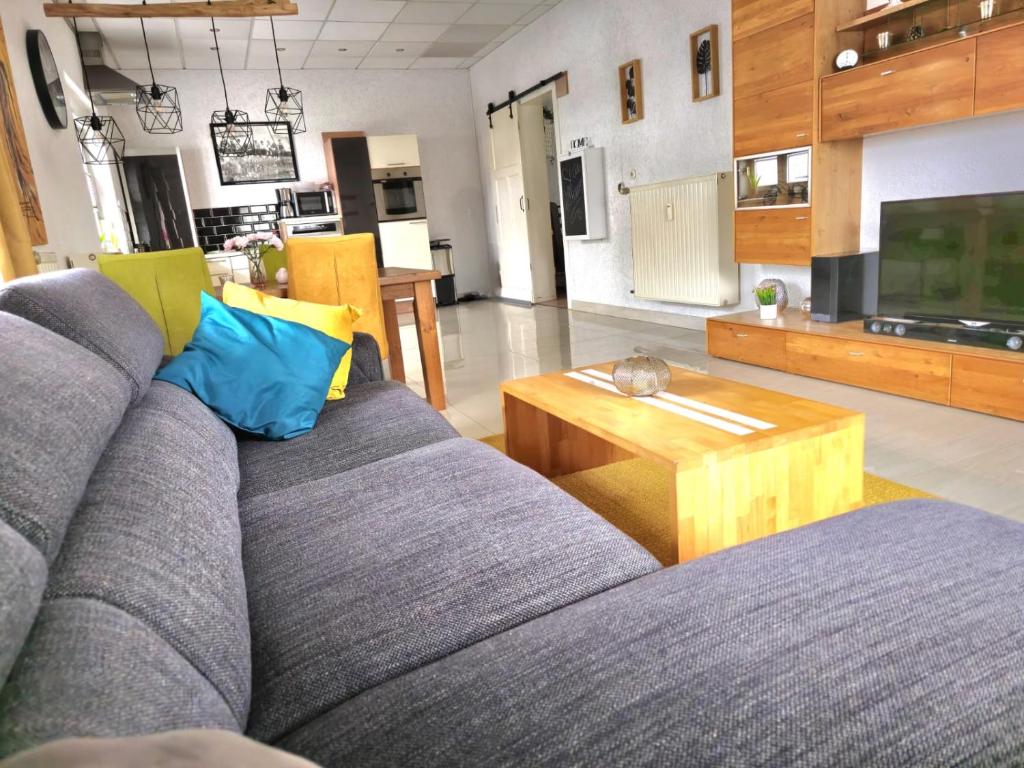 Sauerlandluft في Balve: غرفة معيشة مع أريكة رمادية وطاولة قهوة