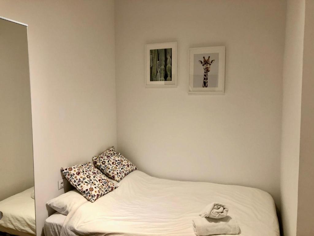 1 dormitorio pequeño con 1 cama y 2 cuadros en la pared en Blanqueria 01 en Barcelona