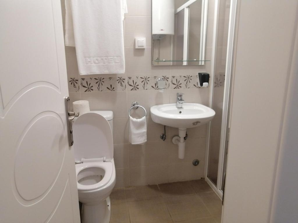 a small bathroom with a toilet and a sink at Jagodina Wing Apartman 2 in Jagodina