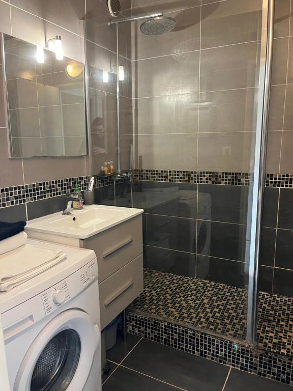 a bathroom with a washing machine and a shower at Appartement proche de La Défense in Puteaux