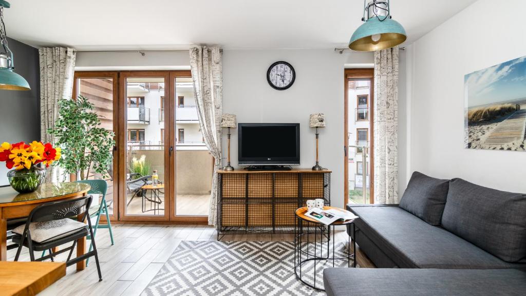 een woonkamer met een bank en een tv bij BALTIC PARK A Apartamenty PIAMOLA in Stegna