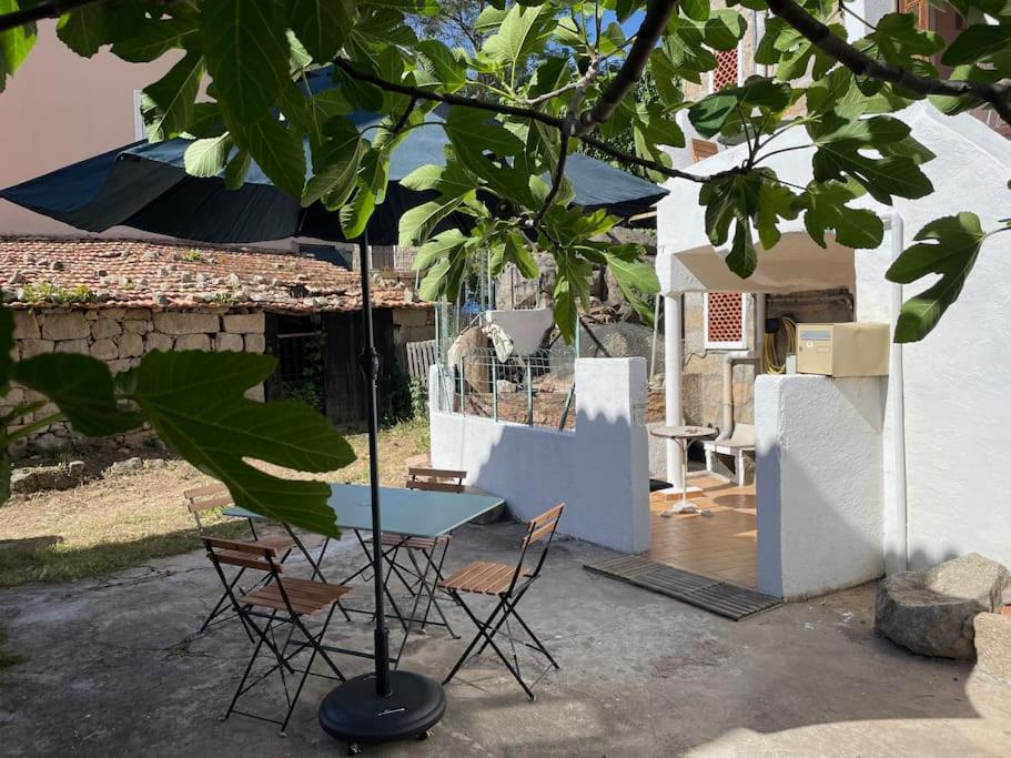 einen Tisch mit Stühlen und einen Regenschirm im Hof in der Unterkunft Charmante maison de village in Porto-Vecchio