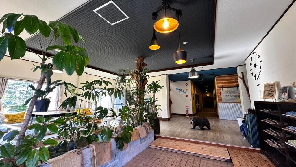 una habitación con macetas y un perro parado en el pasillo en 八-Hachi- Accommodation, en Fujikawaguchiko