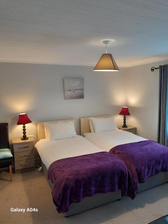 a bedroom with two beds with purple blankets at Elmgrove Apartment , Croagh Patrick Westport in Westport